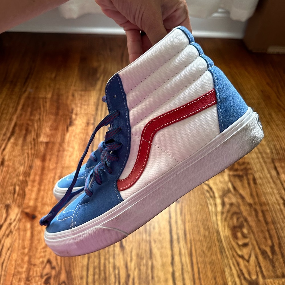 Vans High Top Sneakers Women Size 9 Men Size 7 1/2 Blue, White and red accents.